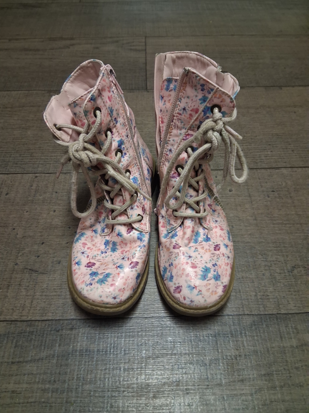 Girls Pink Floral Lace-Up & Side-Zip Combat Boots